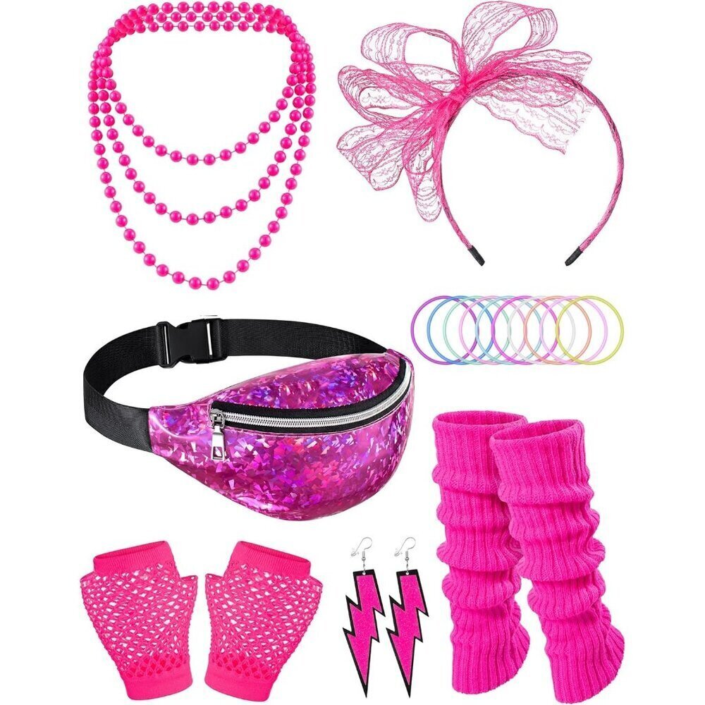 80s Costume Accessories Set Women Glitter Bag Headband Earrings Gloves Necklace